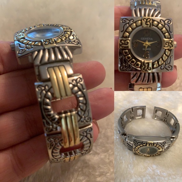 Silver & Gold Cuff Watch Geneva bracelet watch mixed metal - Picture 11 of 11